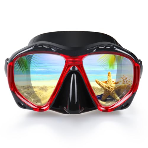Panoramic Snorkel Diving Mask - Anti-Fog Tempered Glass - Black Red