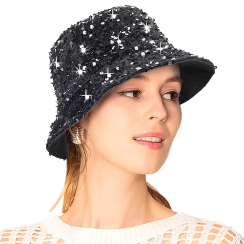 Shiny Glitter Sequin Bucket Hat for Women - Medium Black
