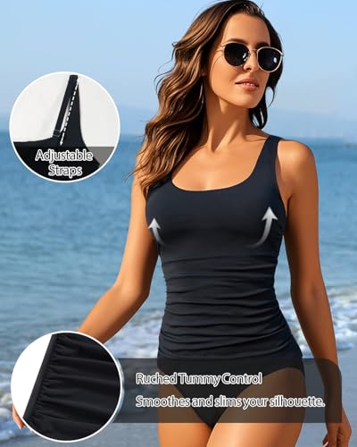 Tankini Tops for Women - Tummy Control Swimwear, Large Black