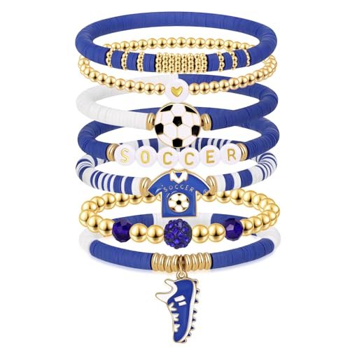 Stretch Beaded Soccer Bracelet - Game Day Sports Jewelry - Blue