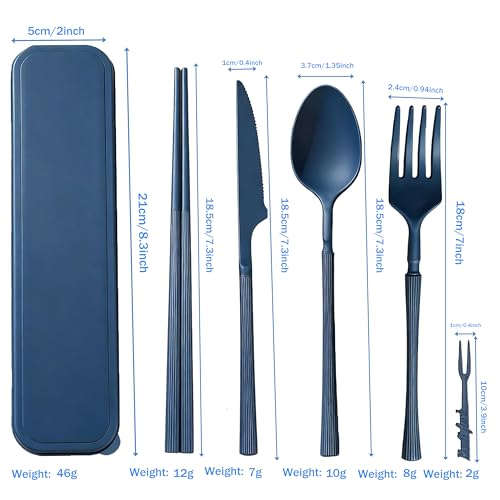 Camping Cutlery Set - Reusable Dark Blue Utensils with Case