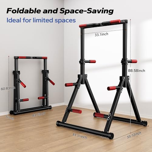 Foldable Adjustable Pull Up Bar - Red Power Tower Dip Station