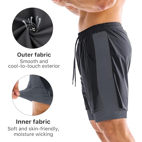 BROKIG Men's 2-in-1 Quick Dry Gym Running Shorts with Liner - Medium, Black & Dark Grey