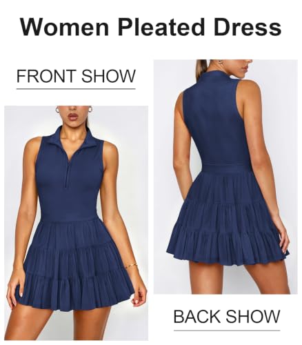Hragc Women's Tennis Pleated Ruffle Zip-Up Athletic Dress – Navy Blue, Medium