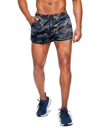 G Gradual Men's Running Shorts 3 inch with Zipper Pockets, Large Blue Grey Camo