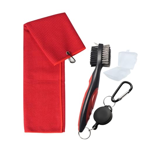 Microfiber Golf Towel and Retractable Club Brush Set - 16x24 Inch - Red