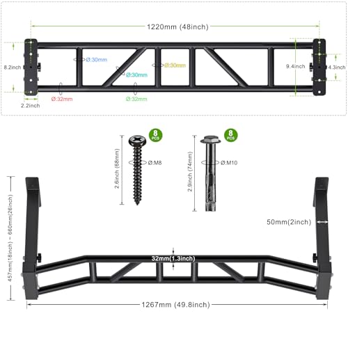 Heavy Duty 48" Ceiling Mounted Pull Up Bar - Multi-Grip 8.3"x2"