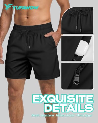 Yufawow Men's 7-Inch Black Swim Trunks with Compression & Breathable Liner - Quick Dry Beach & Gym Wear, Large