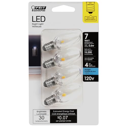 C7 LED Night Light Bulbs - 5000K Daylight E12 Base - 4 Pack