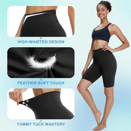 High Waisted Biker Shorts for Women - 8 Inch Tummy Control - A-Black