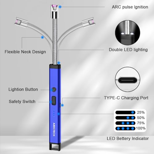 Rechargeable USB Arc Candle Lighter with LED Light - Blue