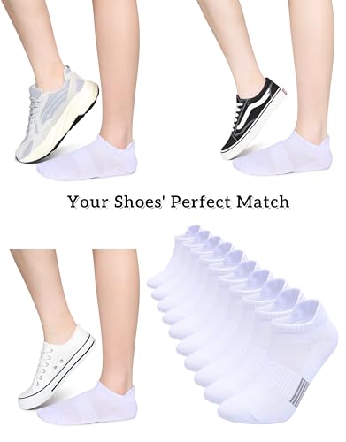 Henwarry Women's Athletic Low Cut Socks 10 Pairs Thin Cotton Ankle Tab, White, Size 5-8