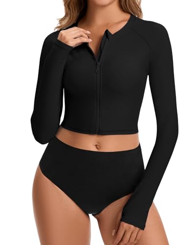 WOWENY Women's Cropped Zip-Up Rash Guard Shirt UPF50+ Long Sleeve Swim Top - Black, Small