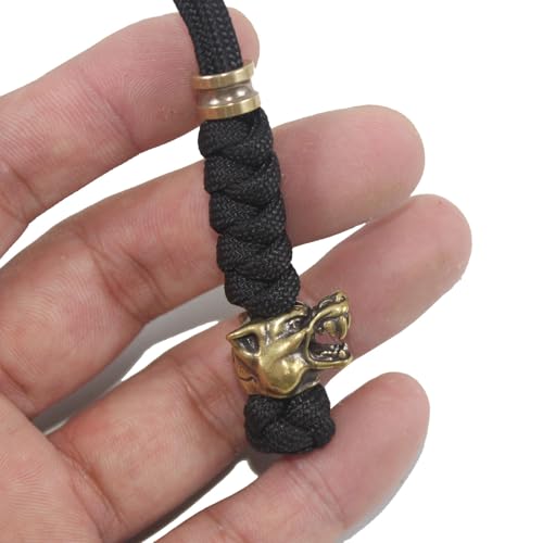 5-Inch Knife Lanyard with Brass Wolf Bead Paracord Keychain - Black