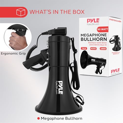 50W Portable Megaphone Bullhorn with Siren & Aux Input - Black