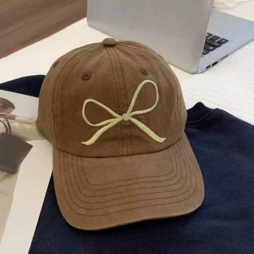 Distressed Baseball Cap with Bow - Dark Brown Ponytail Hat for Women
