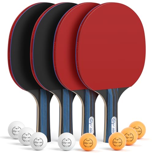 Table Tennis Paddle Set of 4 with 8 Balls - 7-Ply Rackets & Case
