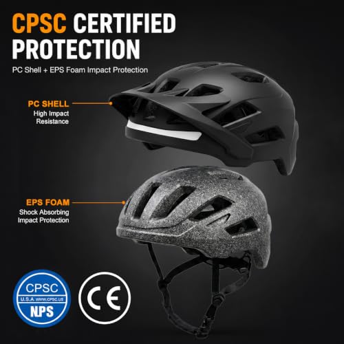 Silkycasters Adult Bike Helmet with LED Lights, Sun Visor, Size L (59-61cm), Black