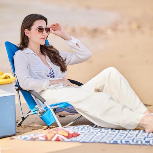 Old Bahama Bay Blue Folding Beach Chair 2 Pack - Low Profile Outdoor Camping & Sand Lounge Chairs with Cup Holder & Mesh Back, Supports 350lbs