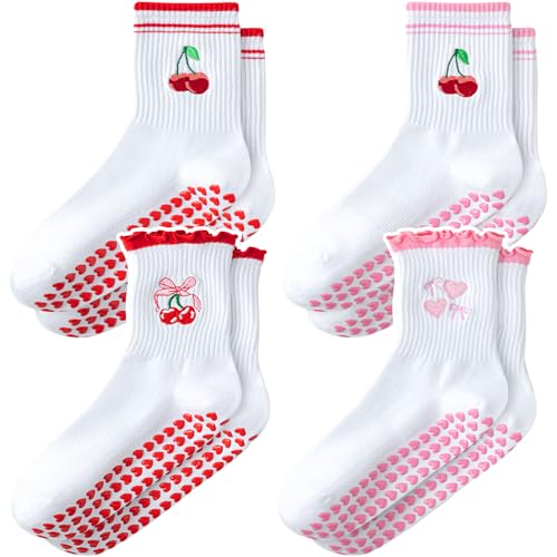 Cotton Pilates Socks with Grips for Women - 4 Pairs Pink & Red