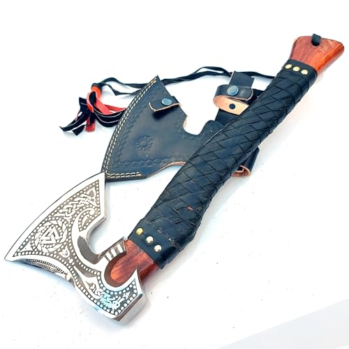 Handforged Carbon Steel Viking Axe with Wooden Handle & Leather Sheath – Camping & Outdoor Hatchet