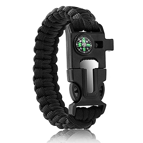 Oadnfa Black Survival Paracord Bracelet Kit with Fire Starter & Compass - 5-in-1 Camping Gear