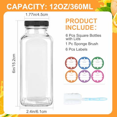 GUANENA 12 oz Square Glass Juice Bottles Set of 6 with Lids, Reusable & BPA-Free