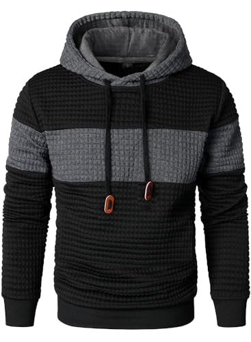 Qichic Men’s Patchwork Plaid Jacquard Hoodie XS-XL Black Dark Grey