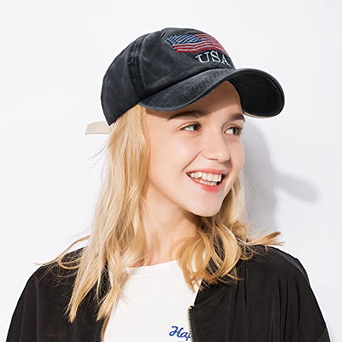 American Flag Baseball Cap - Distressed Adjustable Hat - One Size Black