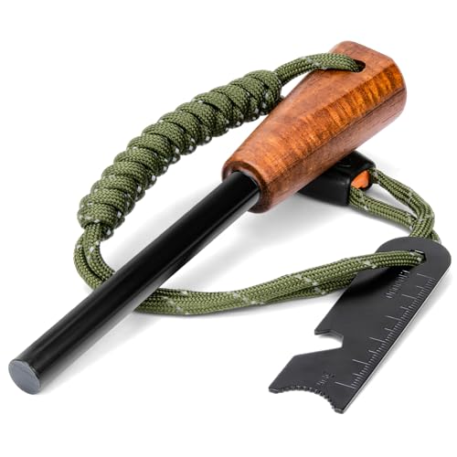 Survival Fire Starter Tool - Ferro Rod with Wooden Handle & Striker - Green