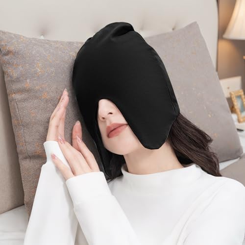 Beisto Sleeping Cap with Eye Mask - Black, Windproof Warm Nightwear for Elderly, Postpartum & Migraine Sleep