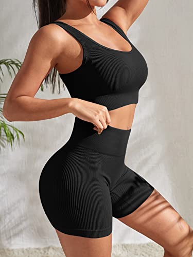 YWBIN 4-Piece Seamless Ribbed High Waist Yoga Set with Sports Bra – Black/Light Blue, XL
