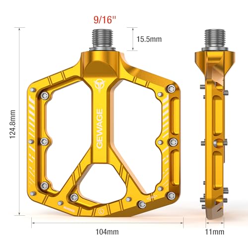 GEWAGE Gold Mountain Bike Pedals 9/16" Flat Aluminum Wide Platform Sealed Bearings