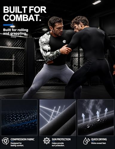 Roadbox Men's UPF 50+ BJJ Rash Guard - Long Sleeve Compression MMA Top, Black-White Dragon, Large