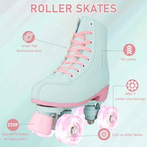 Jessie Pink & Green Light-Up Roller Skates for Women & Girls Size 42/9