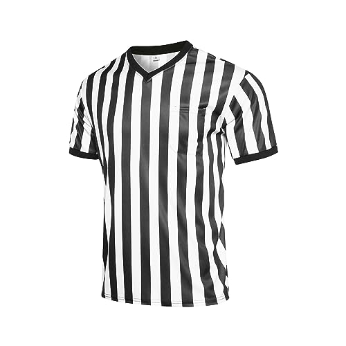 Men's Referee Shirt - Black & White Stripes, Large V Collar