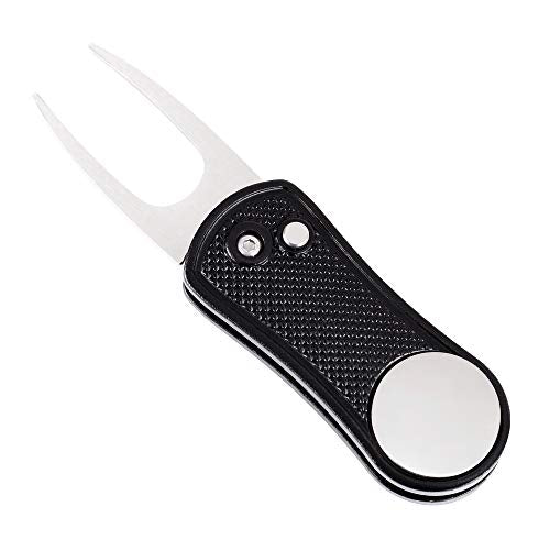 Golf Divot Repair Tool - Metal Foldable with Pop-up Button & Magnetic Ball Marker - Black Undulate