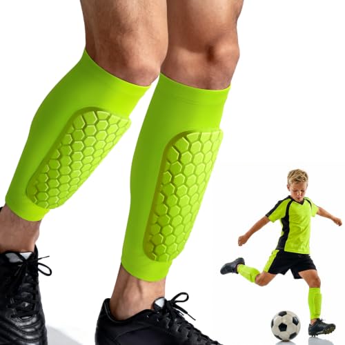 XZQTIVE Fluorescent Green X-Large Kids & Adult Soccer Shin Guards with Honeycomb Impact Padding