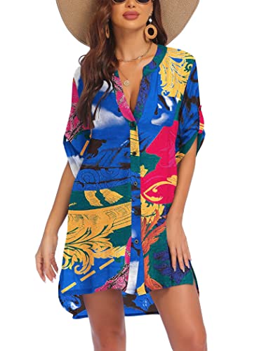 Women's V-Neck Swimsuit Cover Up Tunic - Colorful Sky Blue, S-3XL