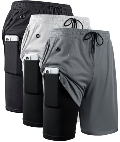 JWJ Men's 2-in-1 Lightweight Workout Running Shorts with Compression Liner - Large 3 Pack Black/Dark Grey/Light Grey