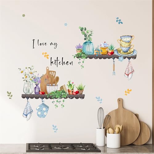Bowl Kitchenware Utensil Shelf Wall Stickers, sacinora I Love My Kitchen Potted Flowers Wall Decals Removable Vinyl Peel and Stick for Kitchen Dining Restaurant Baking Room Bar Door Home Decor