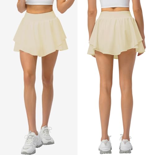 Pleated Tennis Skirt with Shorts & Pockets - Light Cream, Small