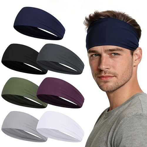 Sweat Absorbent Sport Headbands for Men - 7 Pack - Black, White, Green, Gray, Blue, Light Gray, Brown