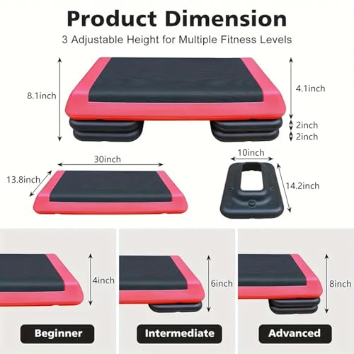 Athfiner Red Adjustable Aerobic Step Platform with 4 Risers for Home Gym Cardio