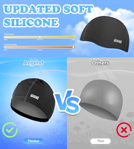 Kids Swim Cap - Fabric Lined Silicone Swimming Hat for Long Hair - Black Small