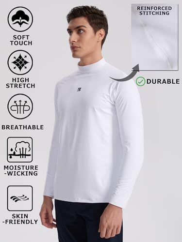Mens Long Sleeve Turtleneck Workout Shirt - Moisture Wicking - White, Small