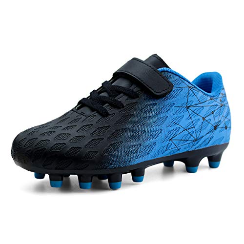 Kids Soccer Cleats Firm Ground Boys Girls Athletic Outdoor Football Shoes - 13 Little Kid, Black Blue