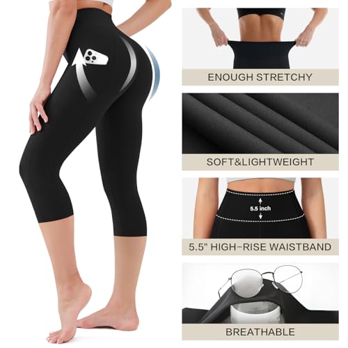 Women's High Waisted Capri Leggings - Buttery Soft, Tummy Control, 2 Pockets - Large-X-Large, 3 Pack Black