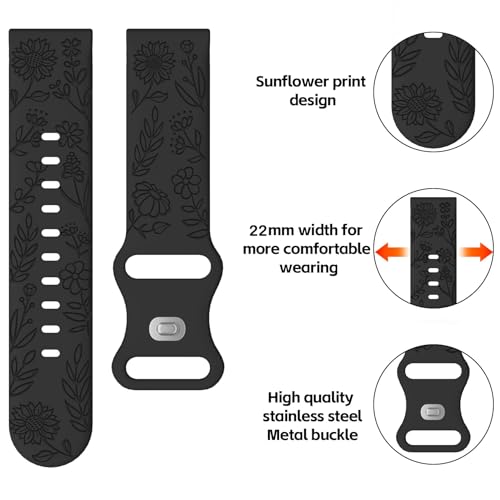 22mm Floral Engraved Watch Bands - 5 Pack in Black, Starlight, Smoky Purple, Pine Green, Milk Tea