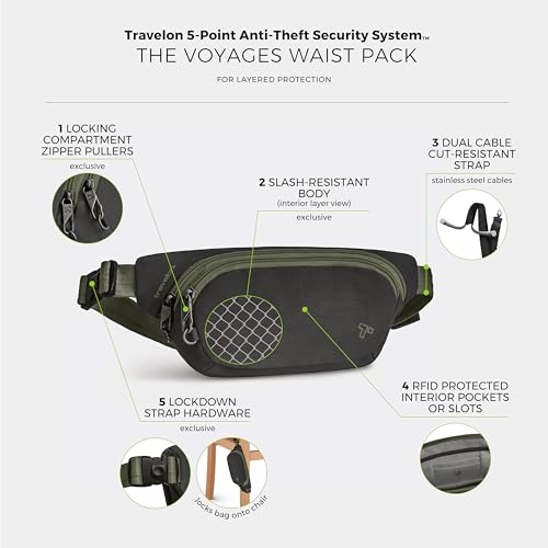 Travelon Anti-Theft The Voyages Waist Pack 11x6x2.5 in Black